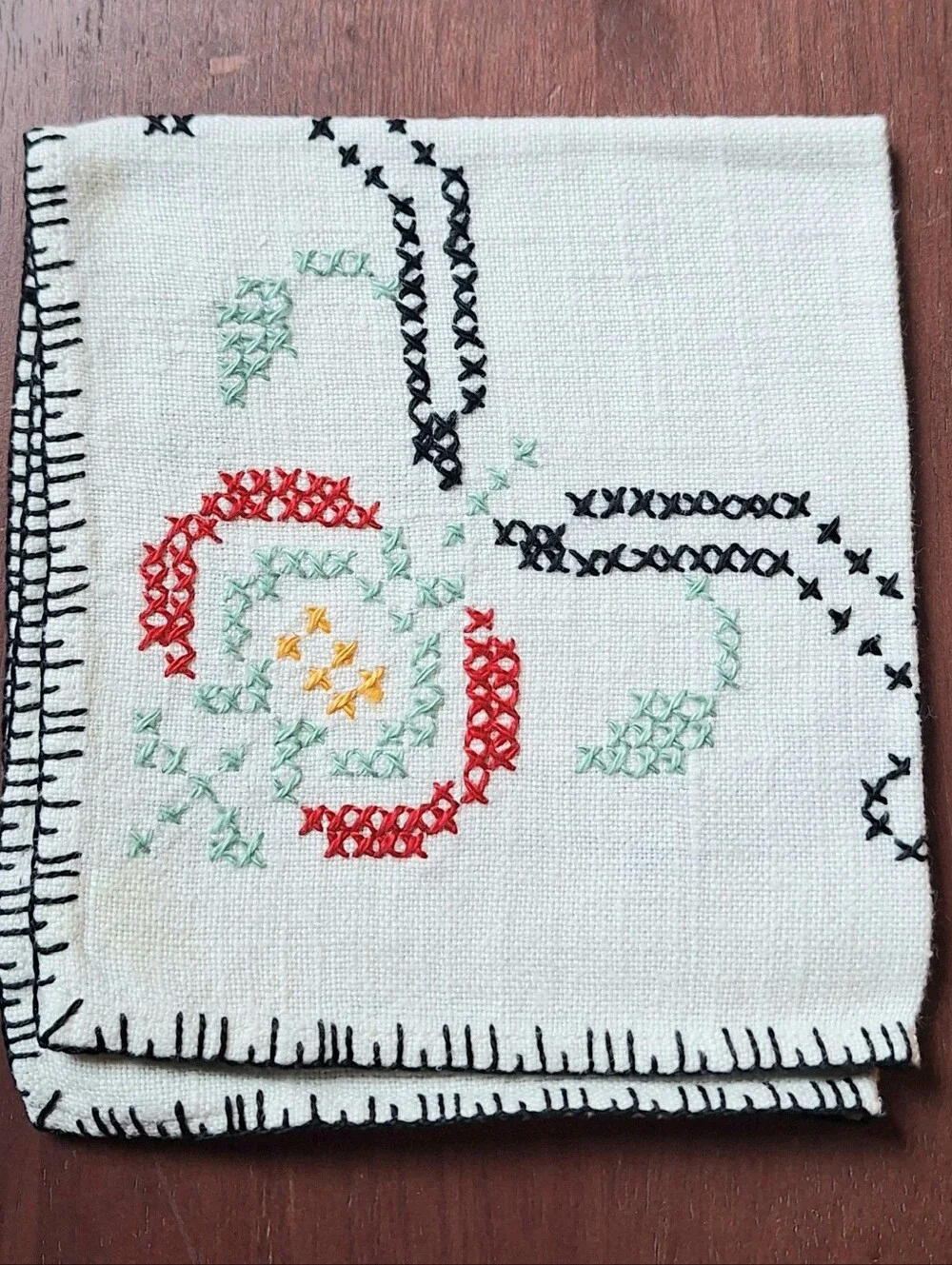 Vintage Handmade Embroidered Floral Linen Napkins Set of 4, Ivory